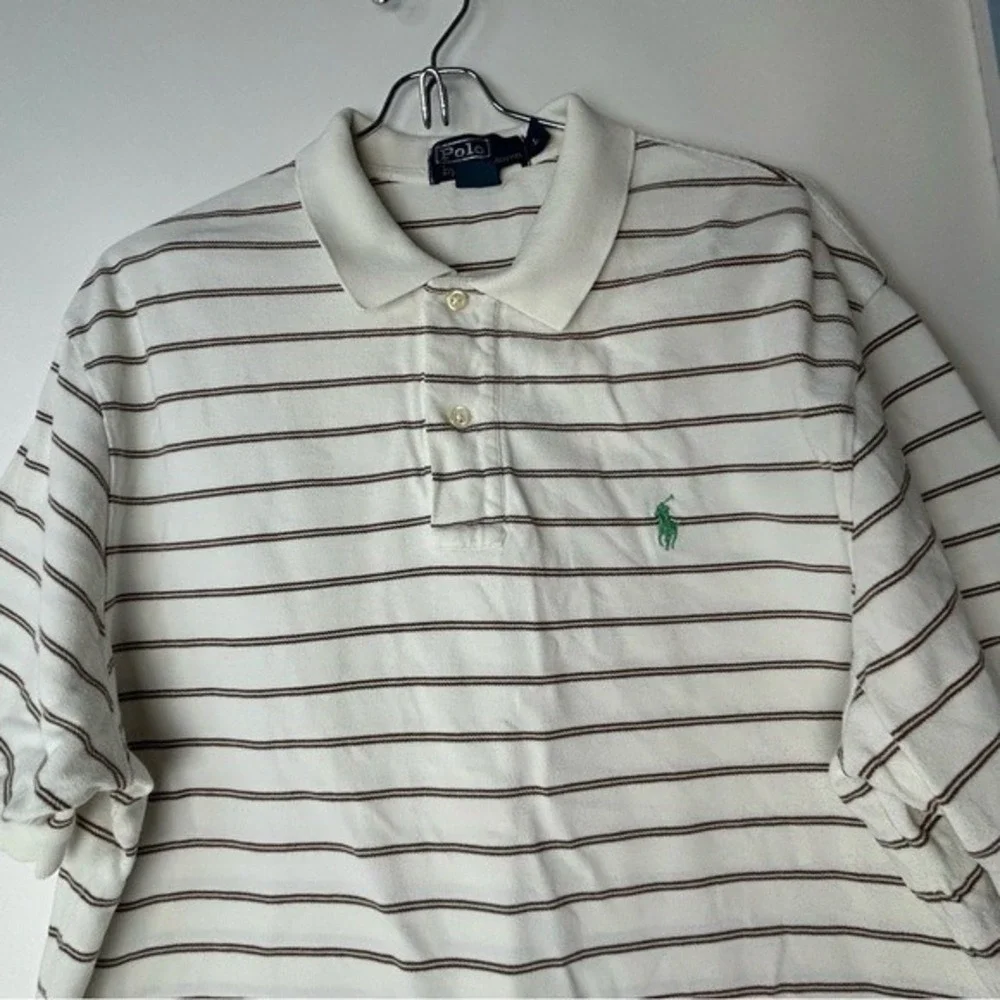 Polo by Ralph Lauren White & Brown Stripes Polo Shirt‎ Green Pony Logo Men Large